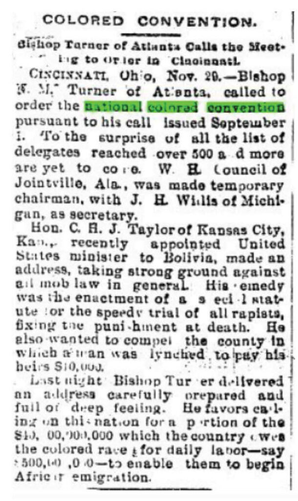 scan of newspaper article: Bishop Turner of Atlanta Calls the Meeting to Order in Cincinnati