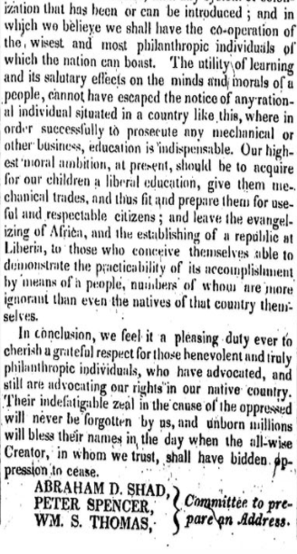 screenshot of newspaper clipping, "Address of the Free People of Color of the Borough of Wilmington, DE."