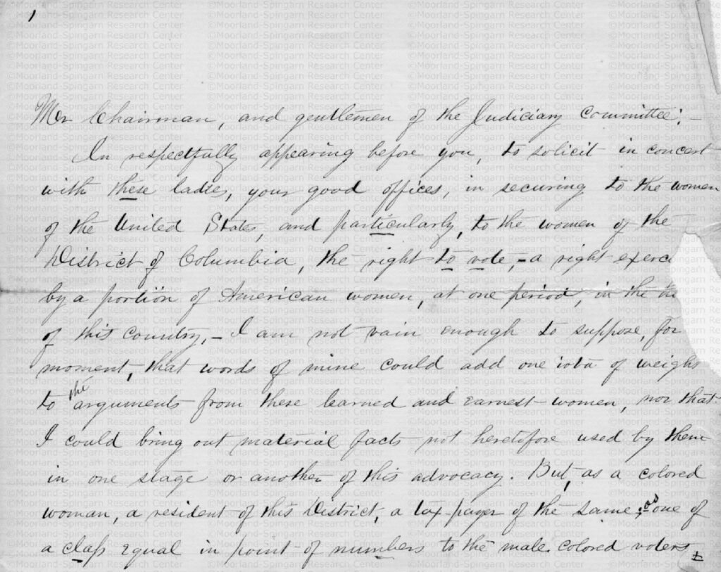 B&W handwritten speech by Mary Ann Shadd Cary