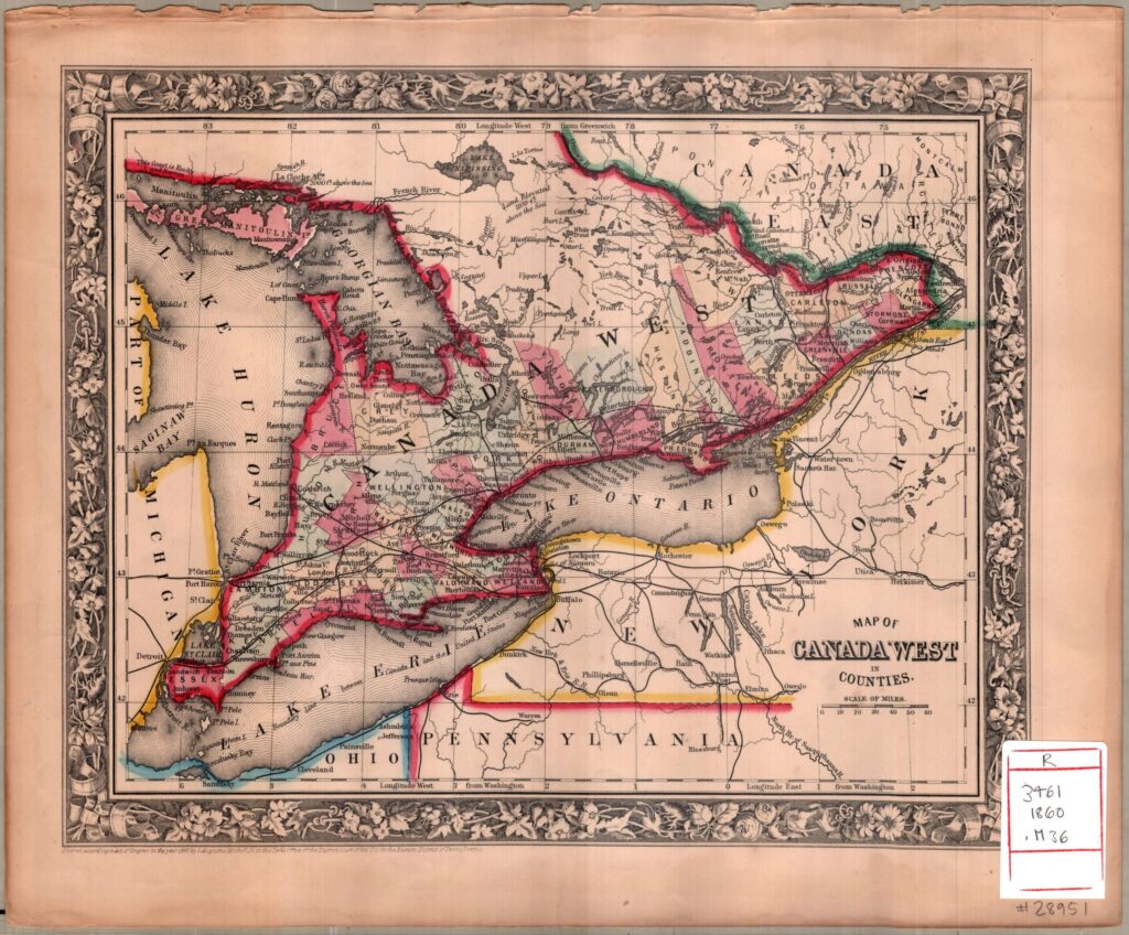 Map of Canada West, broken into counties