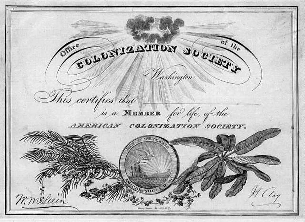 B&W Colonization Society Certificate