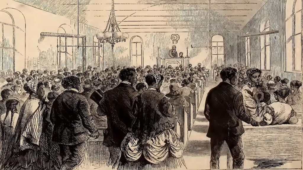 Illustration showing Black women and men as audience members in a lecture hall