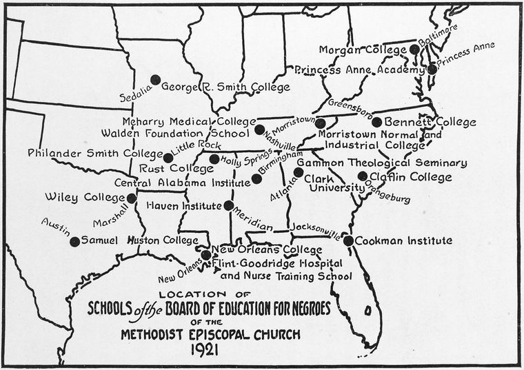 map of Black colleges established by the Methodist Episcopal Church