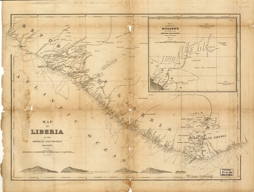 Map commissioned and printed by the American Colonization Society depicting the nation of Liberia