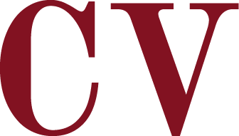 Red C and V on white background inf serif font