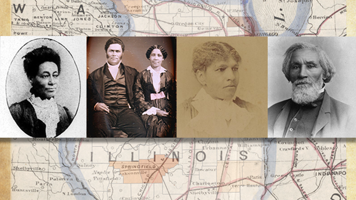 four portraits of Black people above a map of Illinois