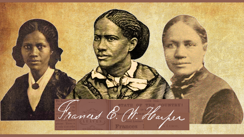 Tryptic of woman at three stages of life on beige background. Handwritten signature in white on pink background.